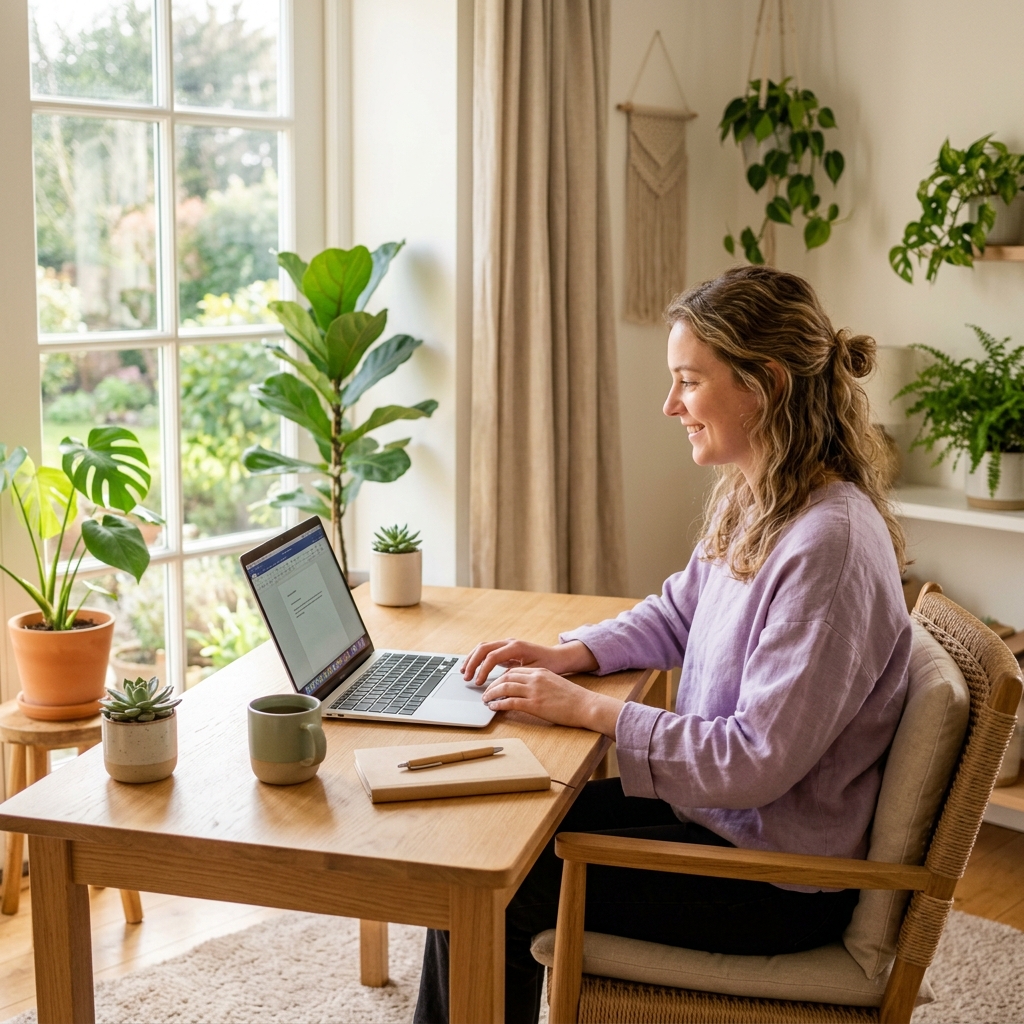 A person comfortably using their computer at home in a calm, sunlit workspace